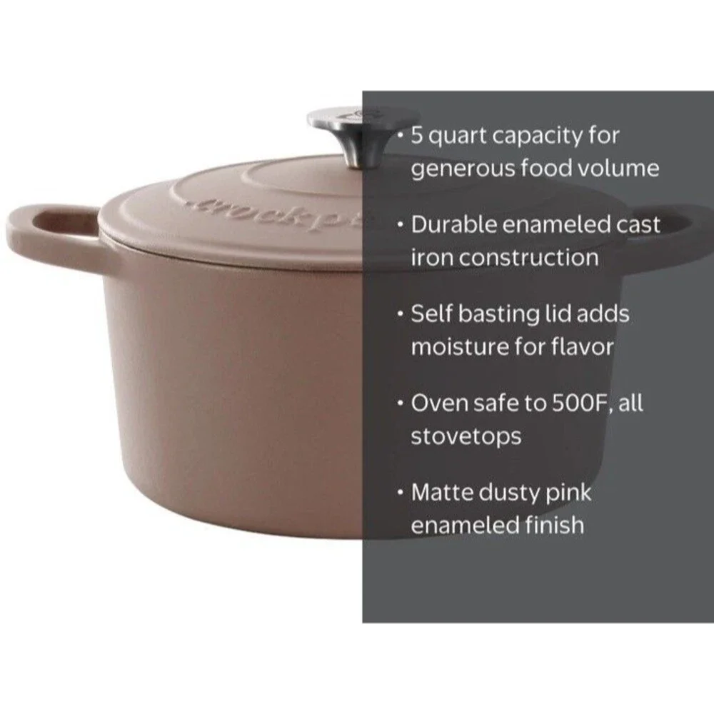 Pink Dutch Oven Crockpot 5 Qt Enameled Cast Iron Dutch Oven in Matte Dusty Pink